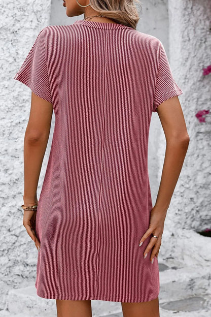 Mandy Ribbed Striped Short Sleeve Mini Tee Dress - Merit Sell