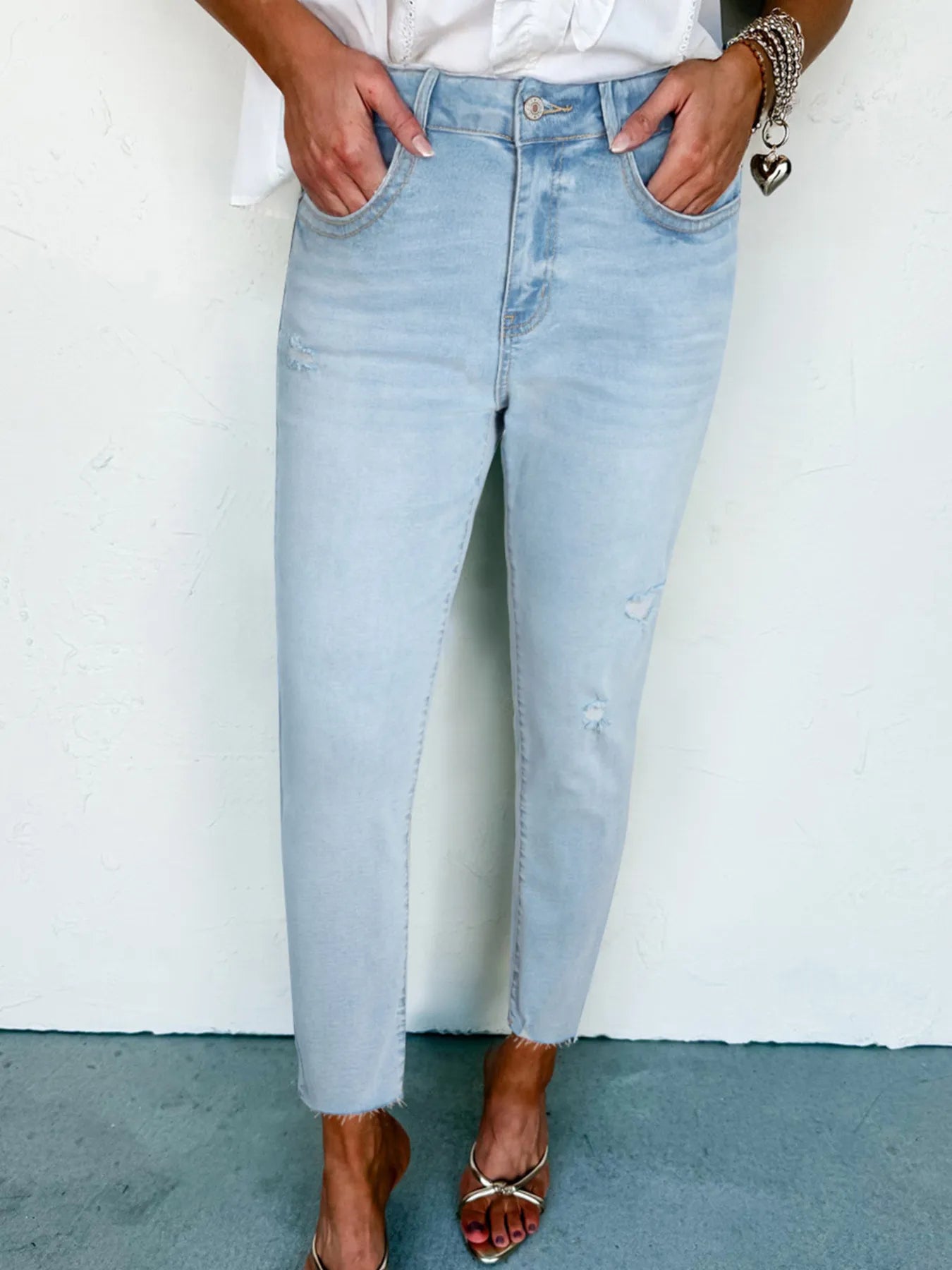 Mid Rise Ankle-Length Distressed Skinny Jeans - Merit Sell