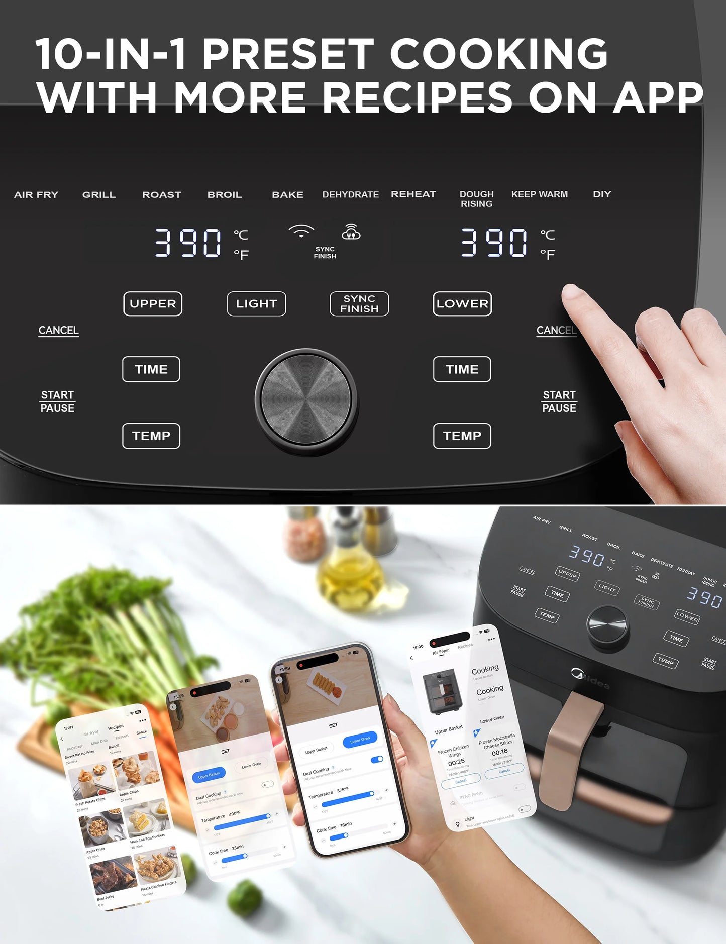 Midea Hot Air Fryer, Double Stack, Overlapping Airfryer, Smart WiFi Sync with Alexa, 11L XL Vertical Space-Saving ,MAF002S - Merit Sell