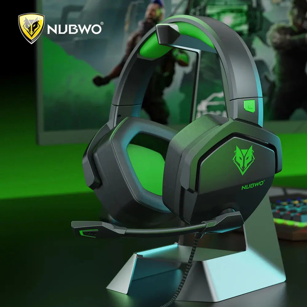 Gaming headset with NUBWO branding on a stand against a gaming setup background