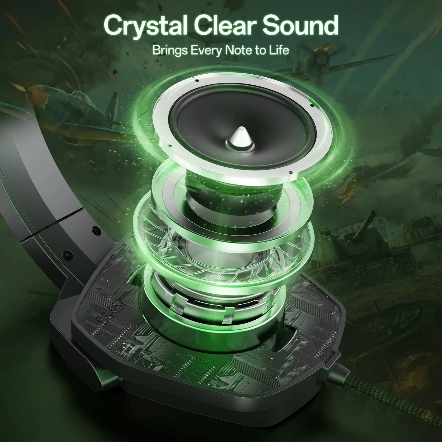 Speaker with green glowing elements on a dark background with text 'Crystal Clear Sound'.