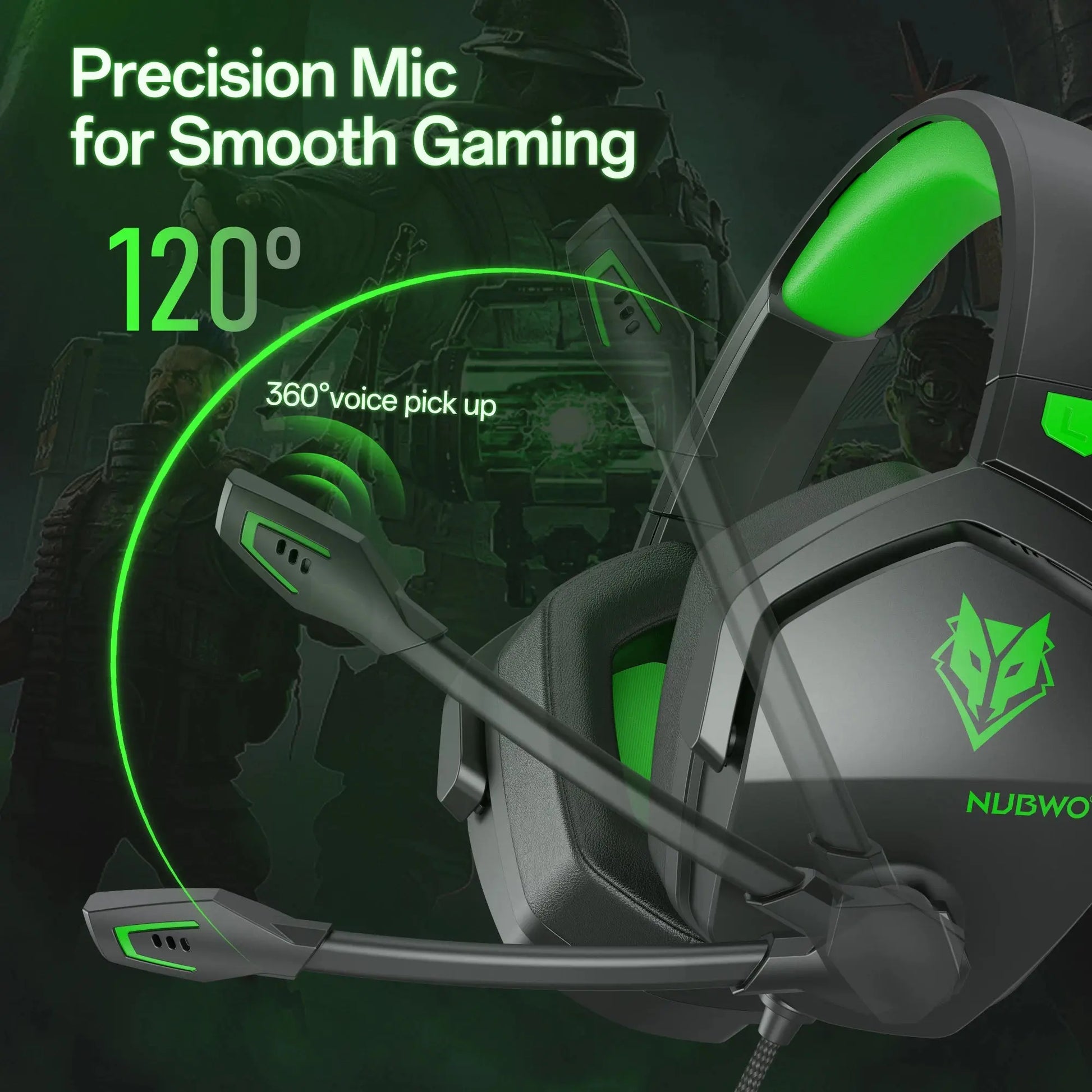 A NUBWO gaming headset with a boom microphone, shown in dark gray and bright green. The graphic features promotional text highlighting 'Precision Mic for Smooth Gaming', '120°' coverage, and '360° voice pick up' over a dark, atmospheric background.