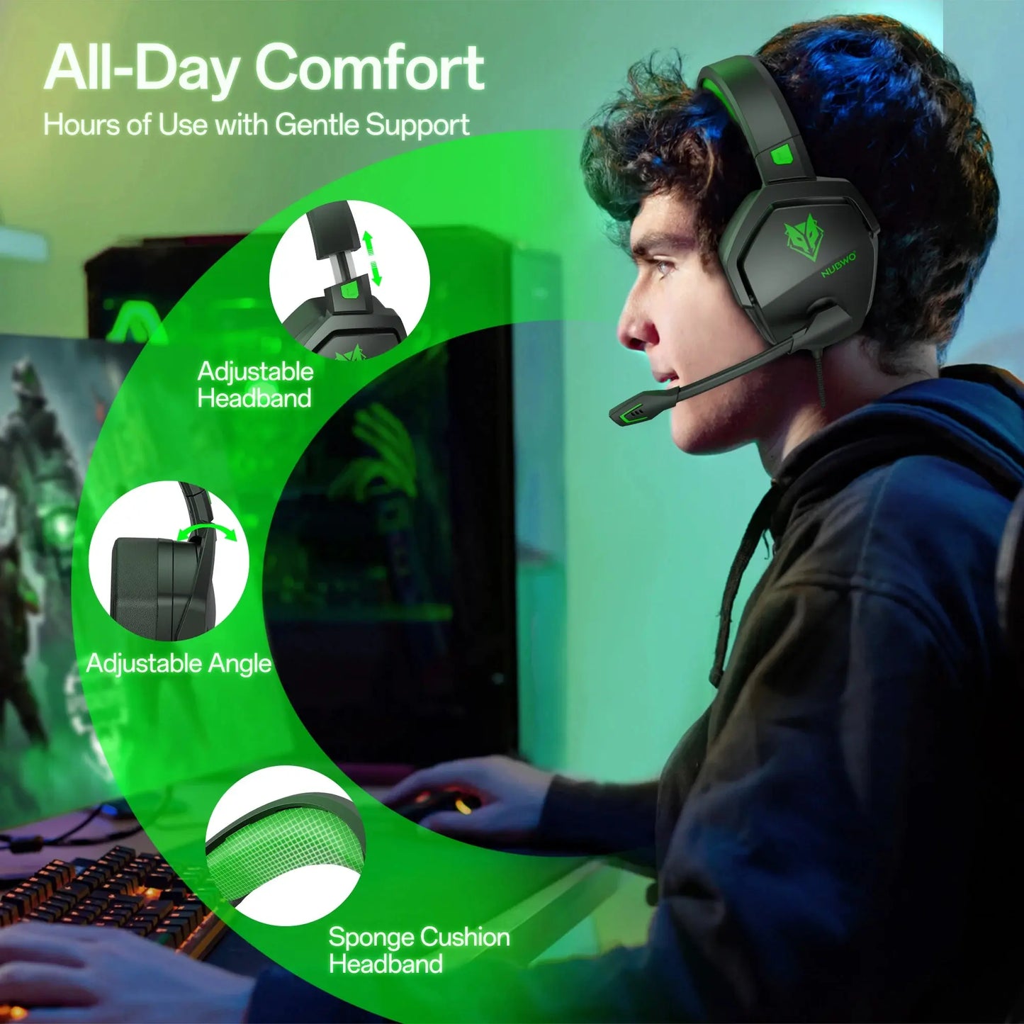 Person wearing a gaming headset with text about comfort and features on a green background