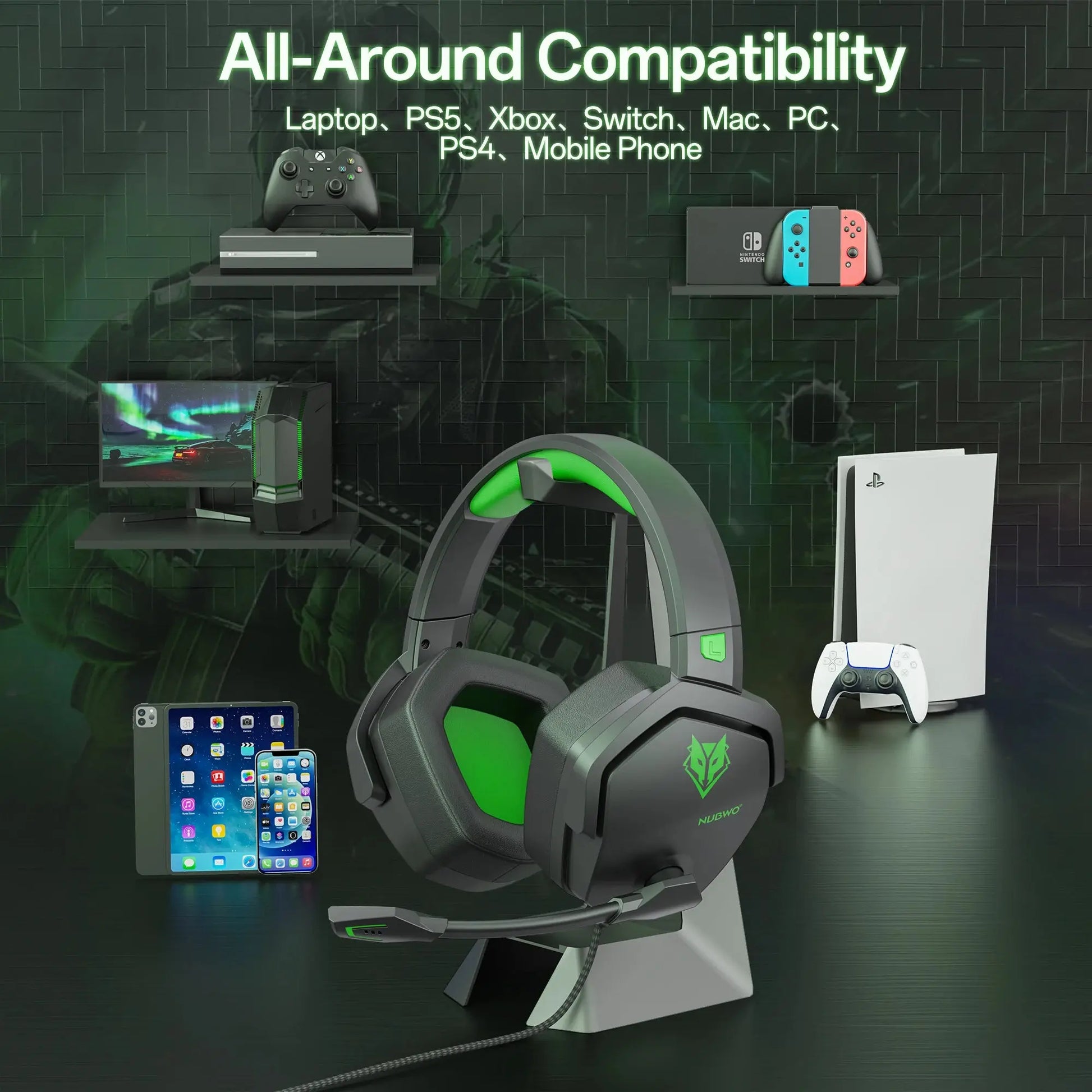 Gaming headset with compatibility text on a dark background