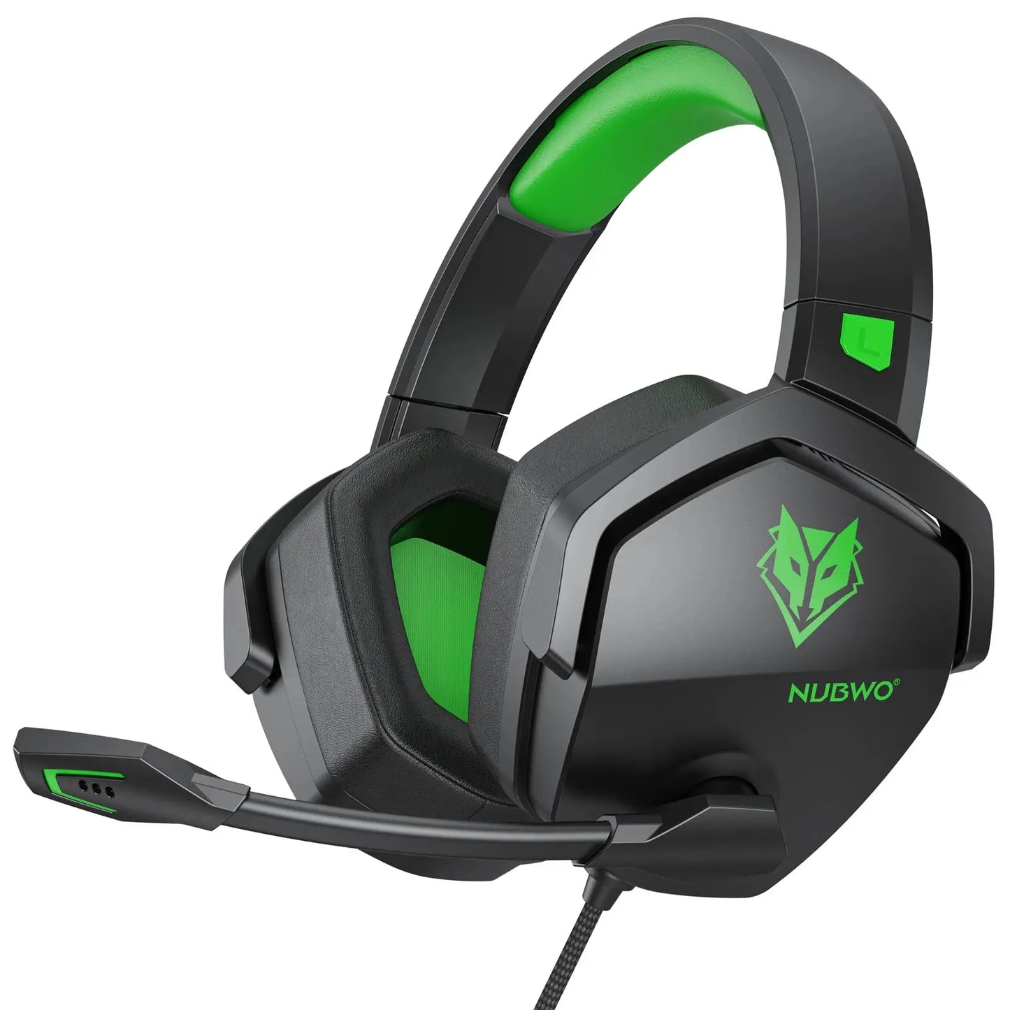 Black gaming headset with green accents and Nubwo logo on a white background