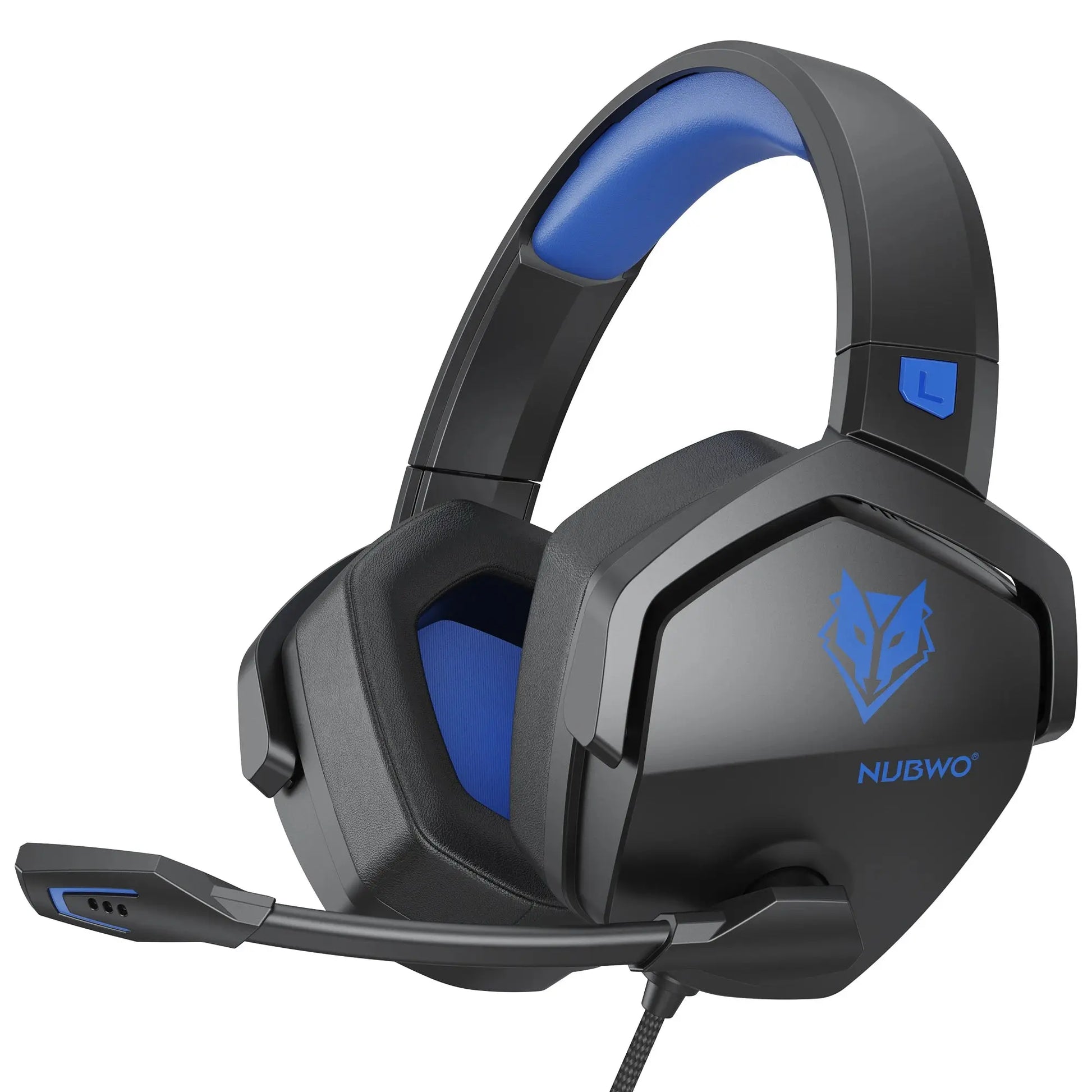 Black and blue gaming headset with Nubwo logo on a white background