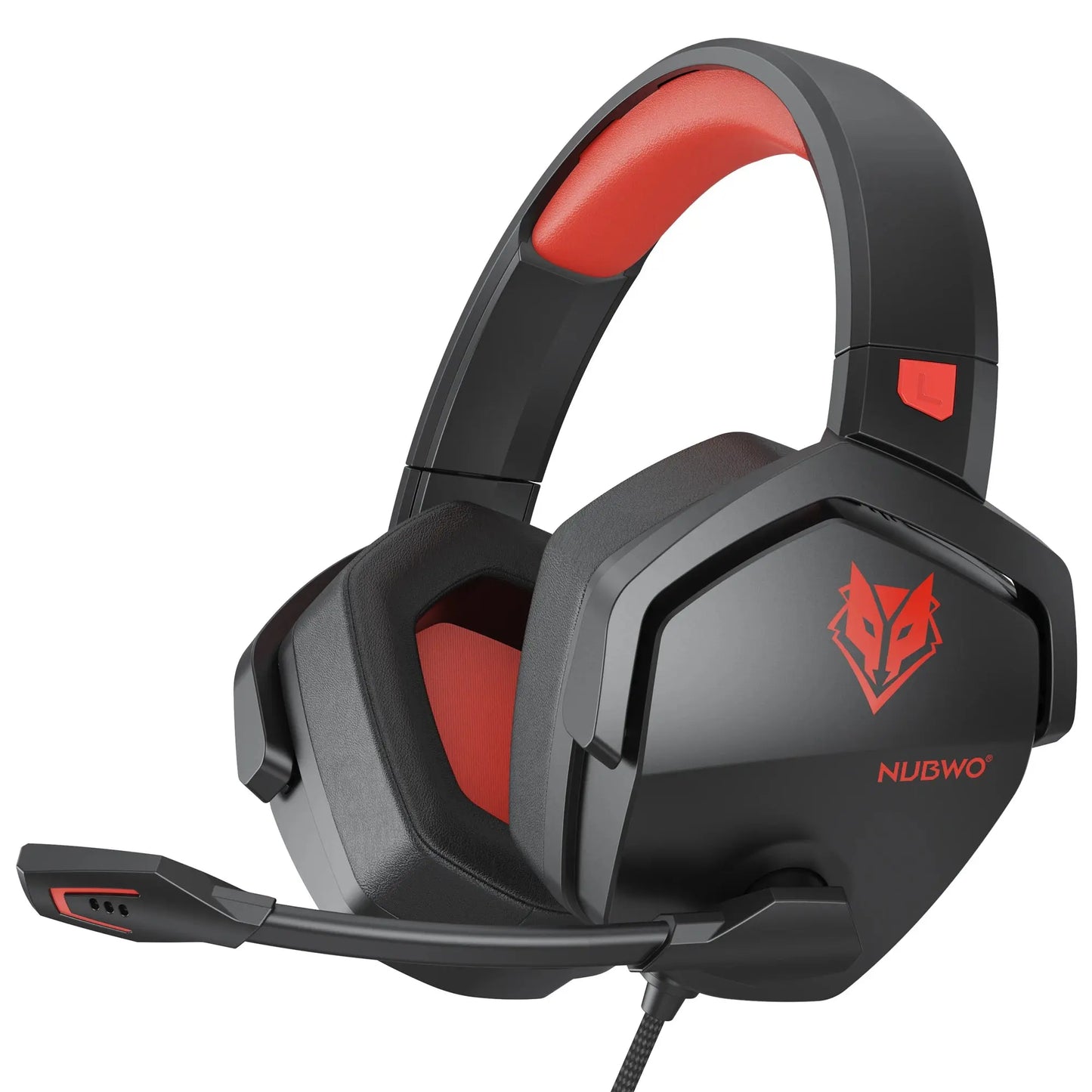 Black and red gaming headset with Nubwo logo on a white background