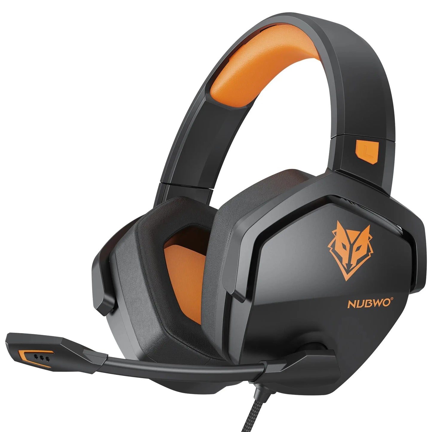 Black and orange gaming headset with Nubwo logo on a white background