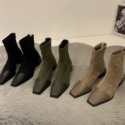 New Autumn Winter Woman Ankle Boots Fashion Fur Suede High Heel Short Boats Women Shoes Ladies Elegant Square Toe Roma Bootties - Merit Sell
