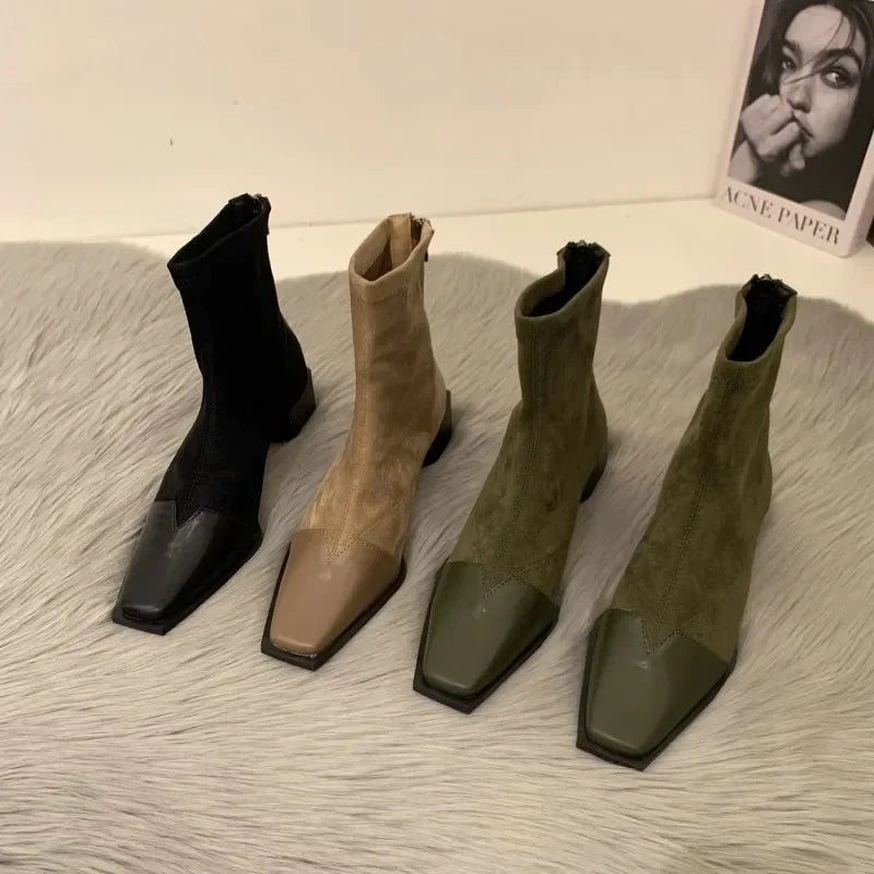 New Autumn Winter Woman Ankle Boots Fashion Fur Suede High Heel Short Boats Women Shoes Ladies Elegant Square Toe Roma Bootties - Merit Sell