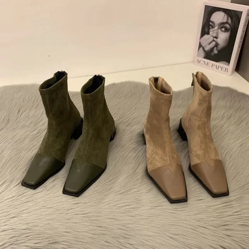 New Autumn Winter Woman Ankle Boots Fashion Fur Suede High Heel Short Boats Women Shoes Ladies Elegant Square Toe Roma Bootties - Merit Sell