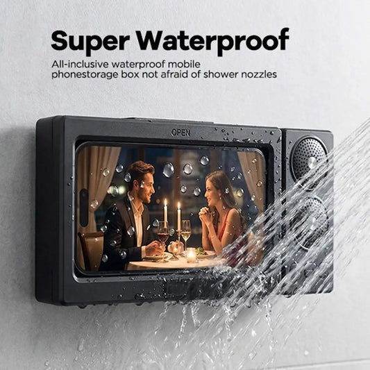Waterproof phone storage box with a couple dining scene on screen, water splashing around it.