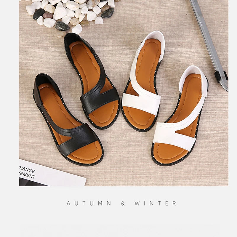 New Summer Shoes Women Sandals Flat Beach Shoes Woman Plus Size Solid Sandal Comfort Leather Sandals - Merit Sell