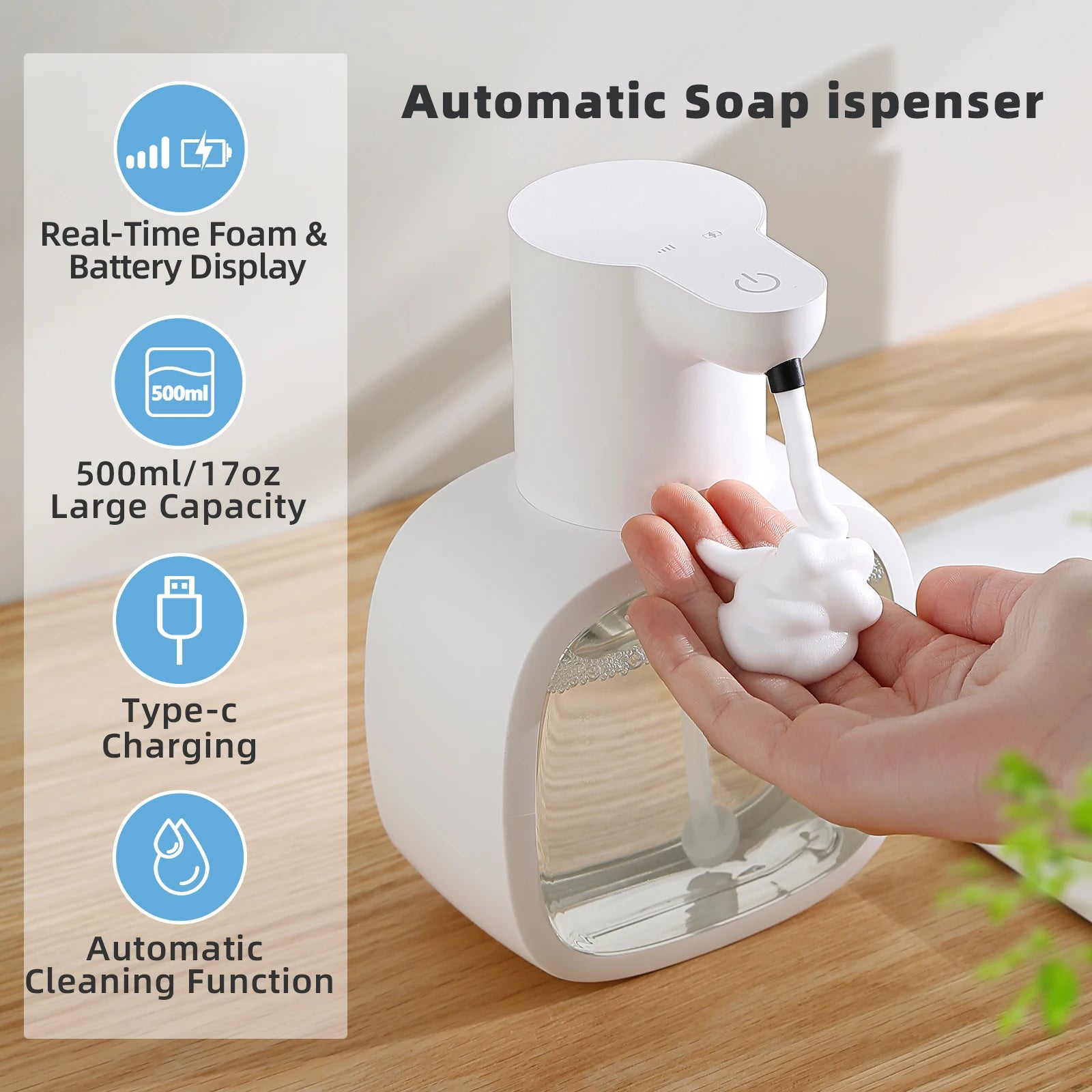 New Wall Mounted Automatic Soap Dispenser Foam Smart Hand Washing Machine 500ml Liquid Rechargeable Bathroom Induction Sensor - Merit Sell