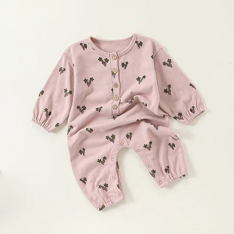 Newborn Infant clothes spring and autumn boys print Grapes one-piece girls baby solid color zipper Mushroom romper kids clothes - Merit Sell