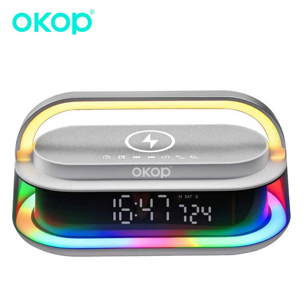 OKOP 15W Bluetooth Speaker with Wireless Charging Desktop Alarm Clock RGB Ambient Light USB TF AUX Subwoofer - Merit Sell
