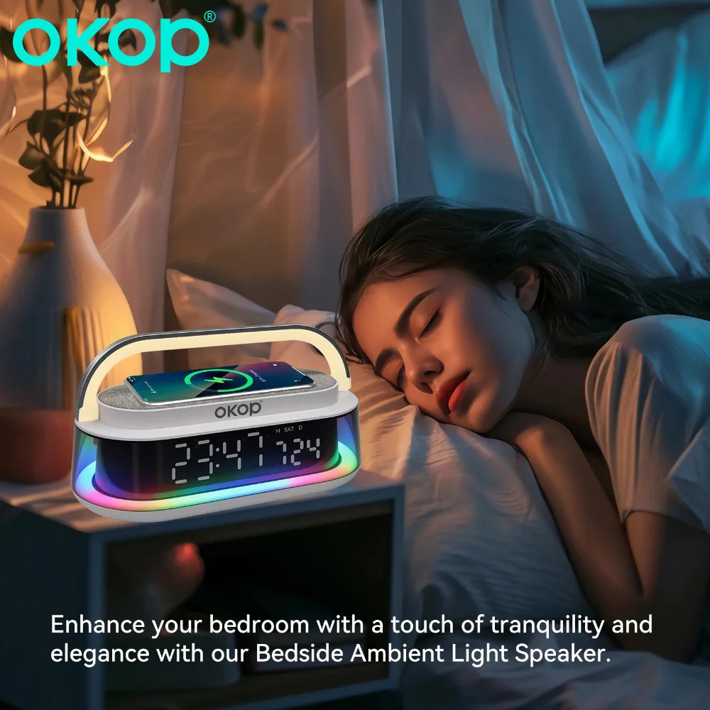 OKOP 15W Bluetooth Speaker with Wireless Charging Desktop Alarm Clock RGB Ambient Light USB TF AUX Subwoofer - Merit Sell