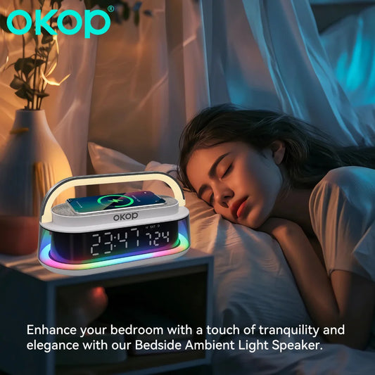 OKOP 15W Bluetooth Speaker with Wireless Charging Desktop Alarm Clock RGB Ambient Light USB TF AUX Subwoofer - Merit Sell