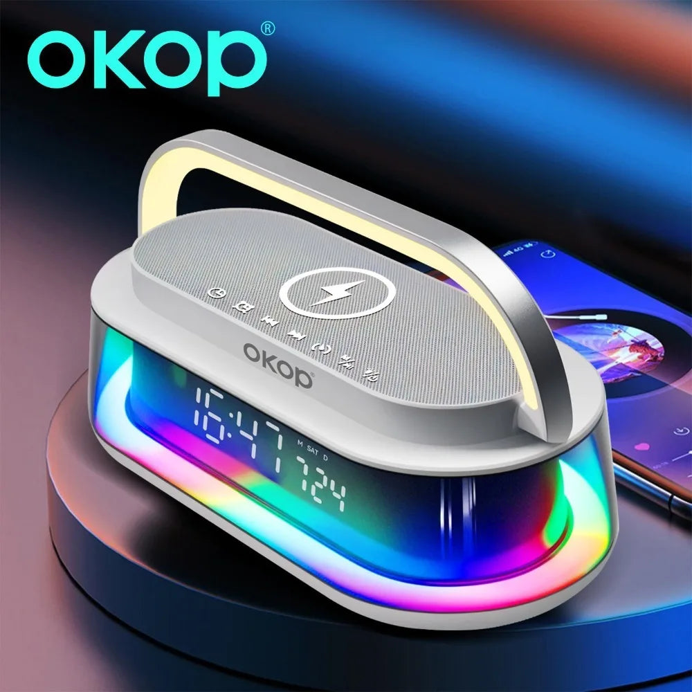 OKOP 15W Bluetooth Speaker with Wireless Charging Desktop Alarm Clock RGB Ambient Light USB TF AUX Subwoofer - Merit Sell