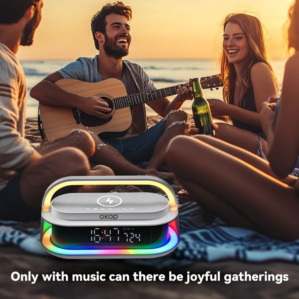 OKOP 15W Bluetooth Speaker with Wireless Charging Desktop Alarm Clock RGB Ambient Light USB TF AUX Subwoofer - Merit Sell