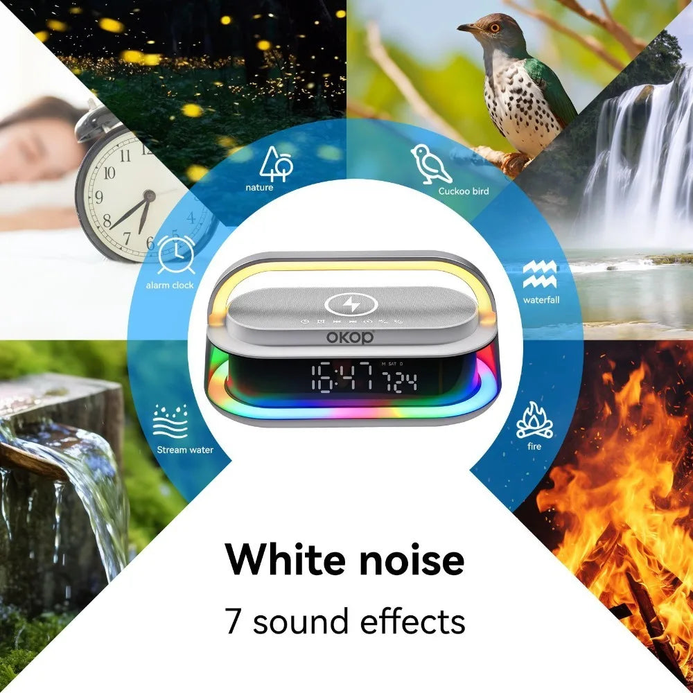 OKOP 15W Bluetooth Speaker with Wireless Charging Desktop Alarm Clock RGB Ambient Light USB TF AUX Subwoofer - Merit Sell
