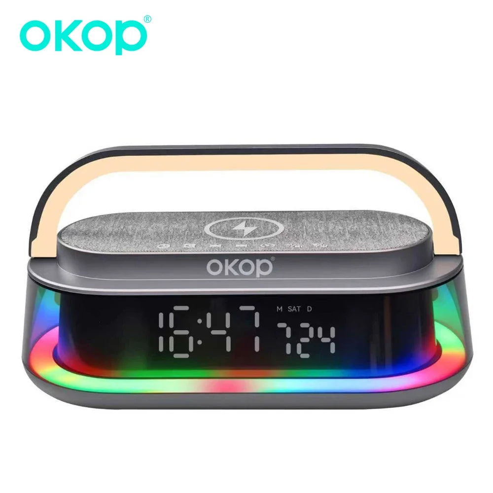 OKOP 15W Bluetooth Speaker with Wireless Charging Desktop Alarm Clock RGB Ambient Light USB TF AUX Subwoofer - Merit Sell