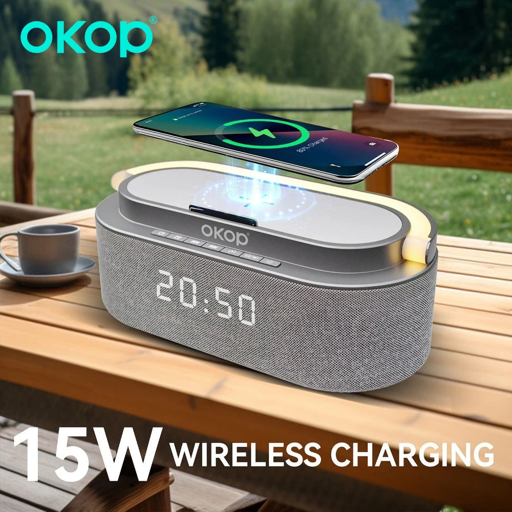 OKOP Bluetooth Speakers,6 in 1 Multi-function,Alarm Clock, Wireless Charger RGB Night Light , Audio,portable Speaker,White Noise - Merit Sell