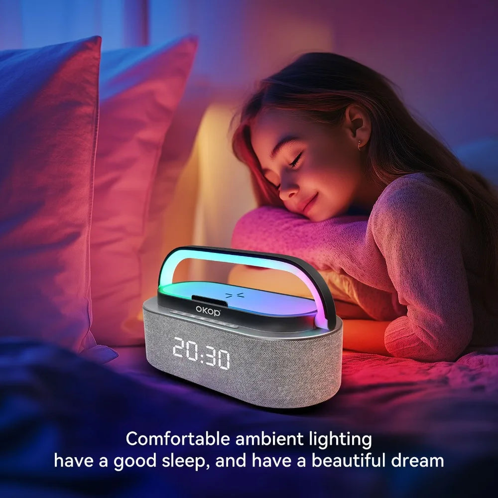 OKOP Bluetooth Speakers,6 in 1 Multi-function,Alarm Clock, Wireless Charger RGB Night Light , Audio,portable Speaker,White Noise - Merit Sell