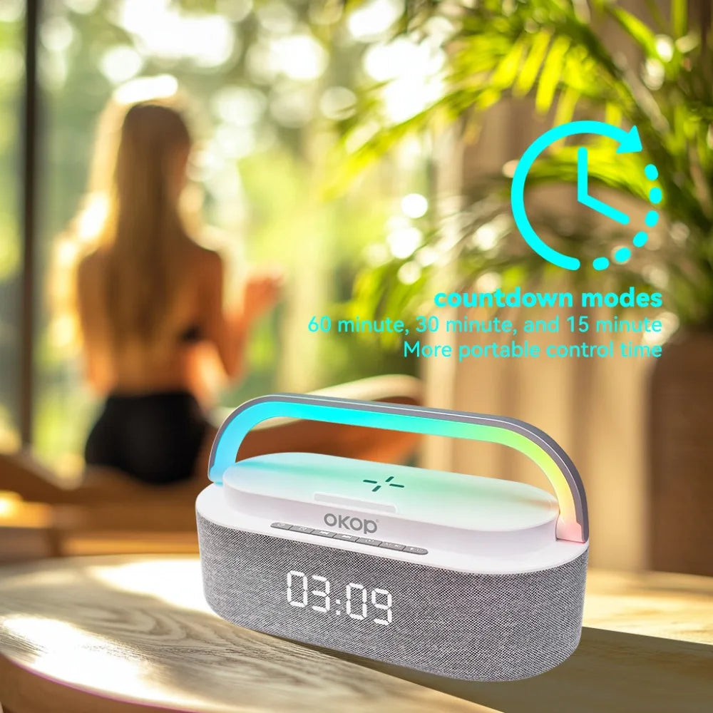 OKOP Bluetooth Speakers,6 in 1 Multi-function,Alarm Clock, Wireless Charger RGB Night Light , Audio,portable Speaker,White Noise - Merit Sell