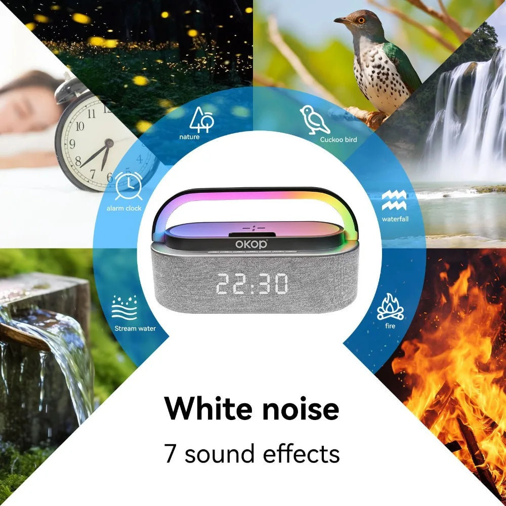 OKOP Bluetooth Speakers,6 in 1 Multi-function,Alarm Clock, Wireless Charger RGB Night Light , Audio,portable Speaker,White Noise - Merit Sell