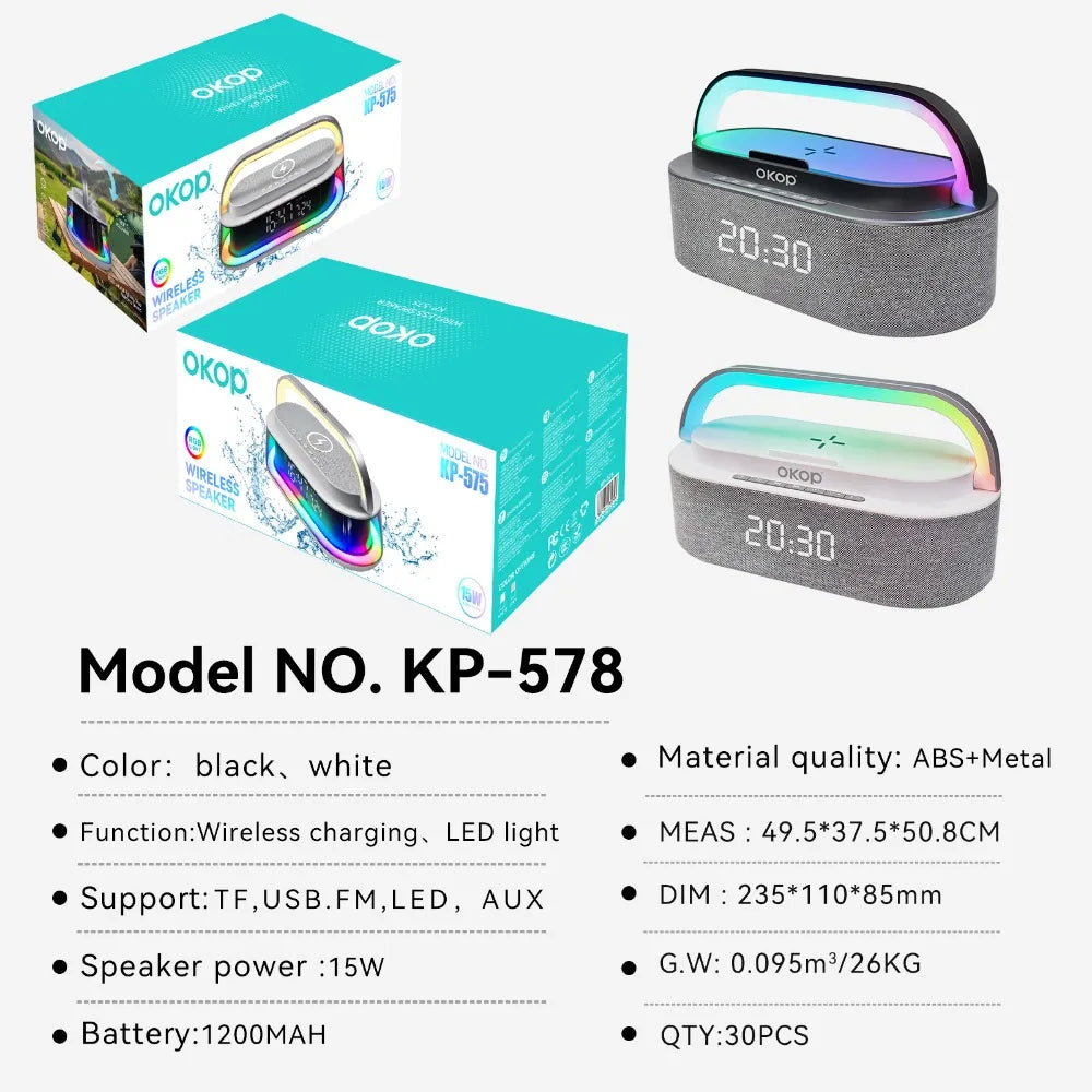 OKOP Bluetooth Speakers,6 in 1 Multi-function,Alarm Clock, Wireless Charger RGB Night Light , Audio,portable Speaker,White Noise - Merit Sell