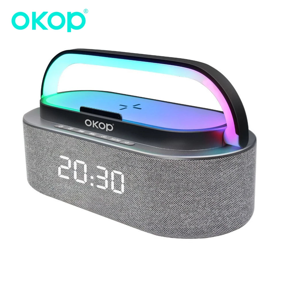 OKOP Bluetooth Speakers,6 in 1 Multi-function,Alarm Clock, Wireless Charger RGB Night Light , Audio,portable Speaker,White Noise - Merit Sell