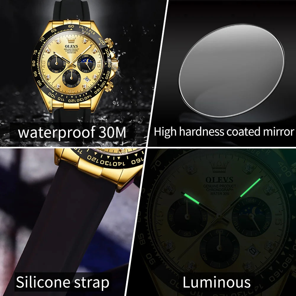 OLEVS Men's Watches Waterproof Luminous Moon Phase Date Chronograph Men's Wristwatch Luxury Original Quartz Wrist watch for Men - Merit Sell