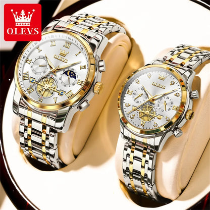 OLEVS Top Brand Couple Watches Stainless Steel Waterpoof Chronograph Moon Phase Flywheel Design Lover's Wristwatch for Men Women - Merit Sell