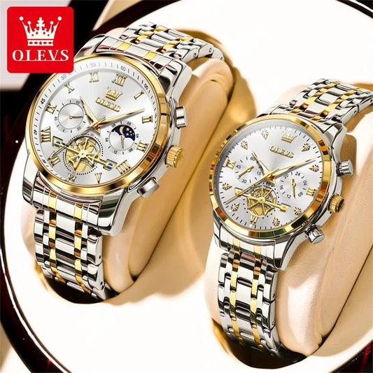 OLEVS Top Brand Couple Watches Stainless Steel Waterpoof Chronograph Moon Phase Flywheel Design Lover's Wristwatch for Men Women - Merit Sell