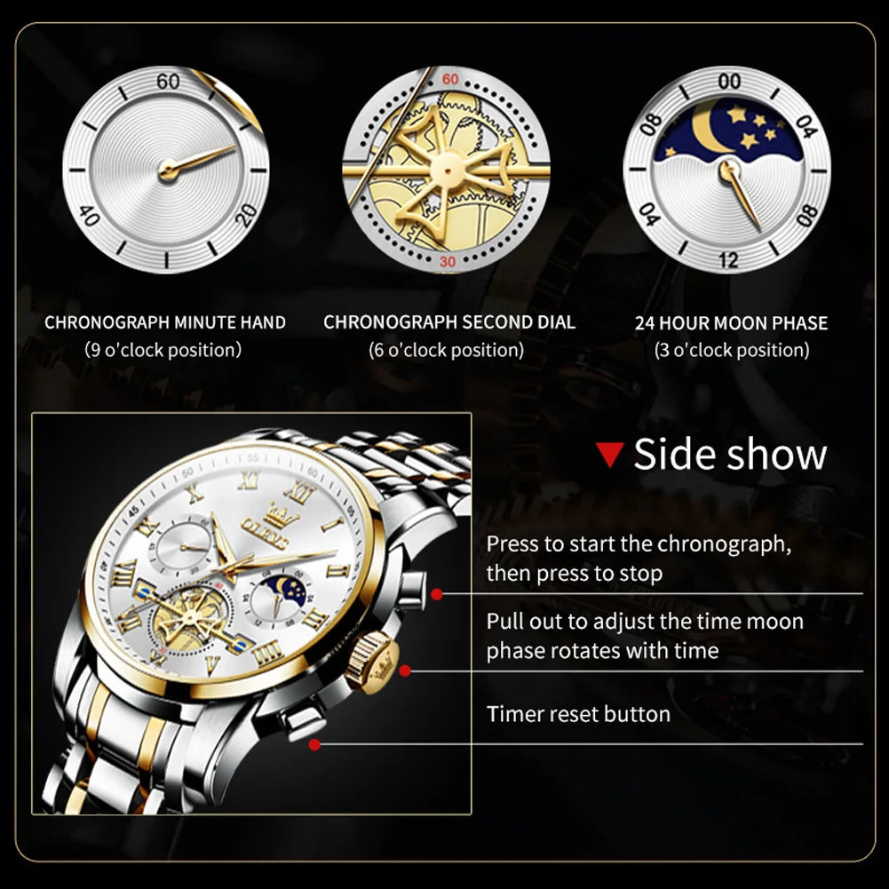 OLEVS Top Brand Couple Watches Stainless Steel Waterpoof Chronograph Moon Phase Flywheel Design Lover's Wristwatch for Men Women - Merit Sell