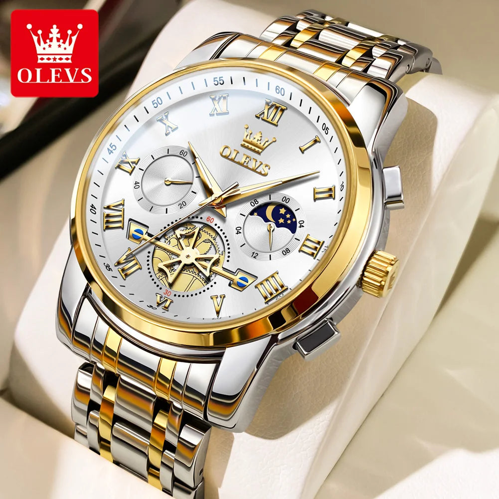 OLEVS Top Brand Couple Watches Stainless Steel Waterpoof Chronograph Moon Phase Flywheel Design Lover's Wristwatch for Men Women - Merit Sell