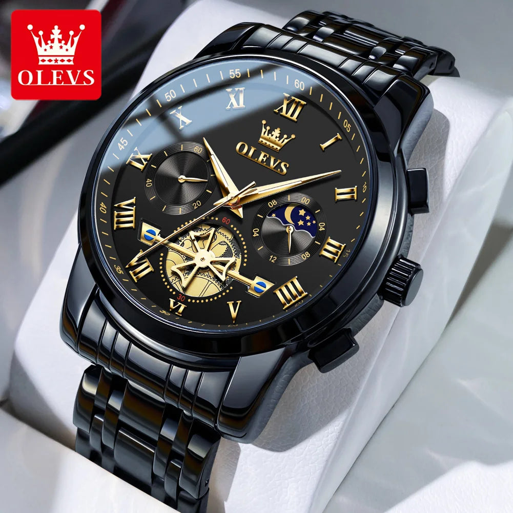 OLEVS Top Brand Couple Watches Stainless Steel Waterpoof Chronograph Moon Phase Flywheel Design Lover's Wristwatch for Men Women - Merit Sell