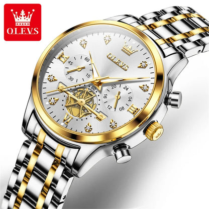 OLEVS Top Brand Couple Watches Stainless Steel Waterpoof Chronograph Moon Phase Flywheel Design Lover's Wristwatch for Men Women - Merit Sell