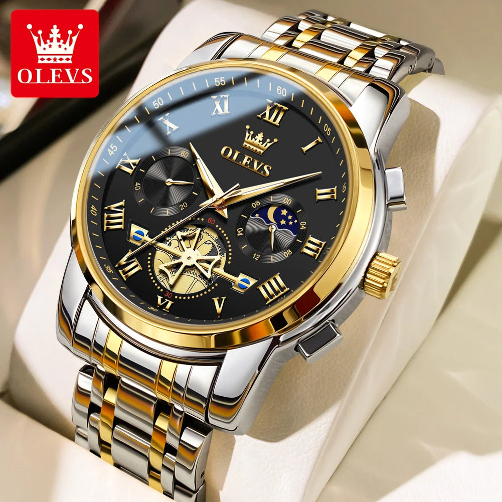 OLEVS Top Brand Couple Watches Stainless Steel Waterpoof Chronograph Moon Phase Flywheel Design Lover's Wristwatch for Men Women - Merit Sell