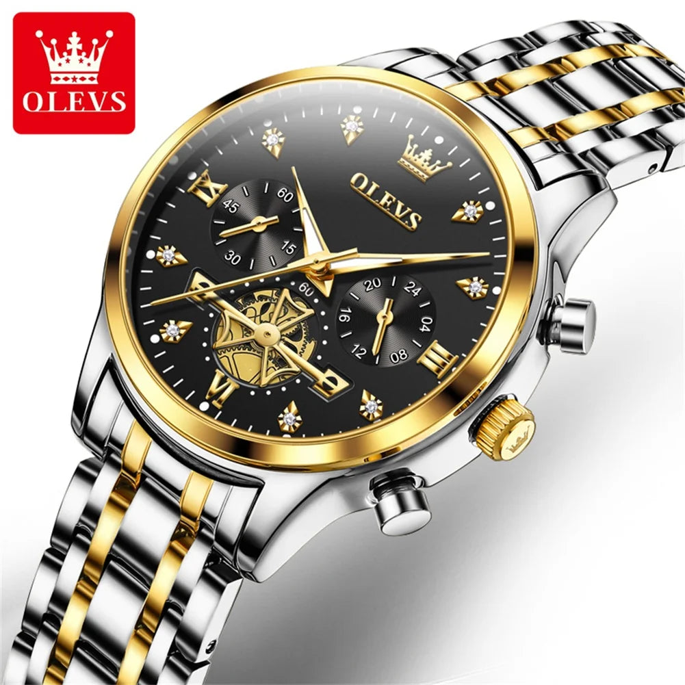 OLEVS Top Brand Couple Watches Stainless Steel Waterpoof Chronograph Moon Phase Flywheel Design Lover's Wristwatch for Men Women - Merit Sell