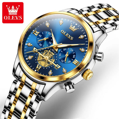 OLEVS Top Brand Couple Watches Stainless Steel Waterpoof Chronograph Moon Phase Flywheel Design Lover's Wristwatch for Men Women - Merit Sell