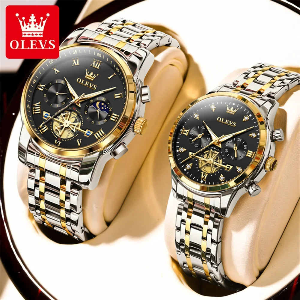 OLEVS Top Brand Couple Watches Stainless Steel Waterpoof Chronograph Moon Phase Flywheel Design Lover's Wristwatch for Men Women - Merit Sell