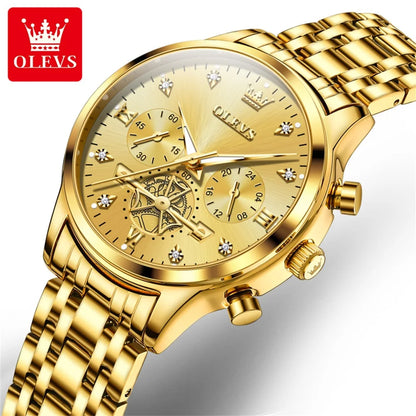 OLEVS Top Brand Couple Watches Stainless Steel Waterpoof Chronograph Moon Phase Flywheel Design Lover's Wristwatch for Men Women - Merit Sell