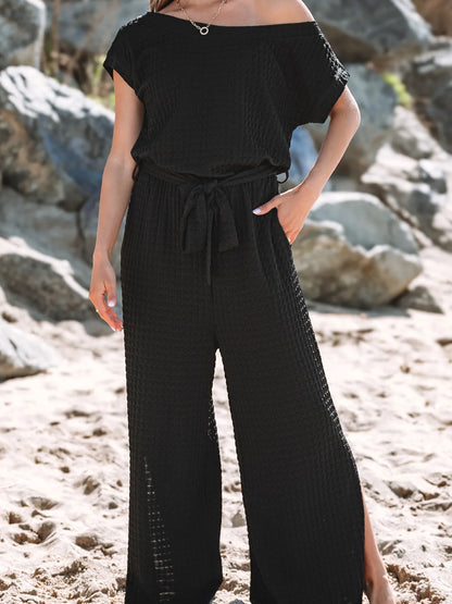 One Shoulder Short Sleeve Knotted Waist Jumpsuit - Merit Sell