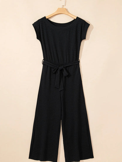 One Shoulder Short Sleeve Knotted Waist Jumpsuit - Merit Sell