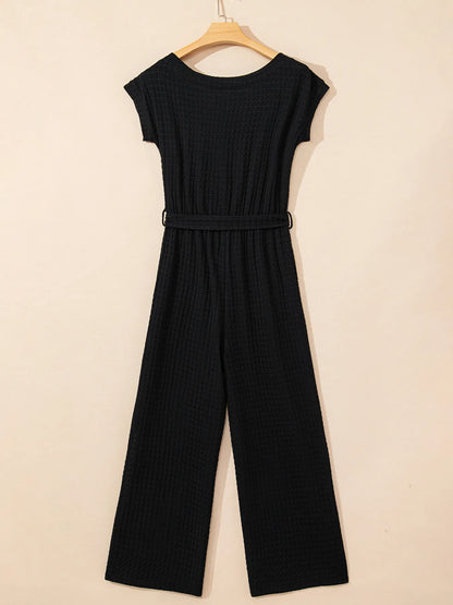 One Shoulder Short Sleeve Knotted Waist Jumpsuit - Merit Sell