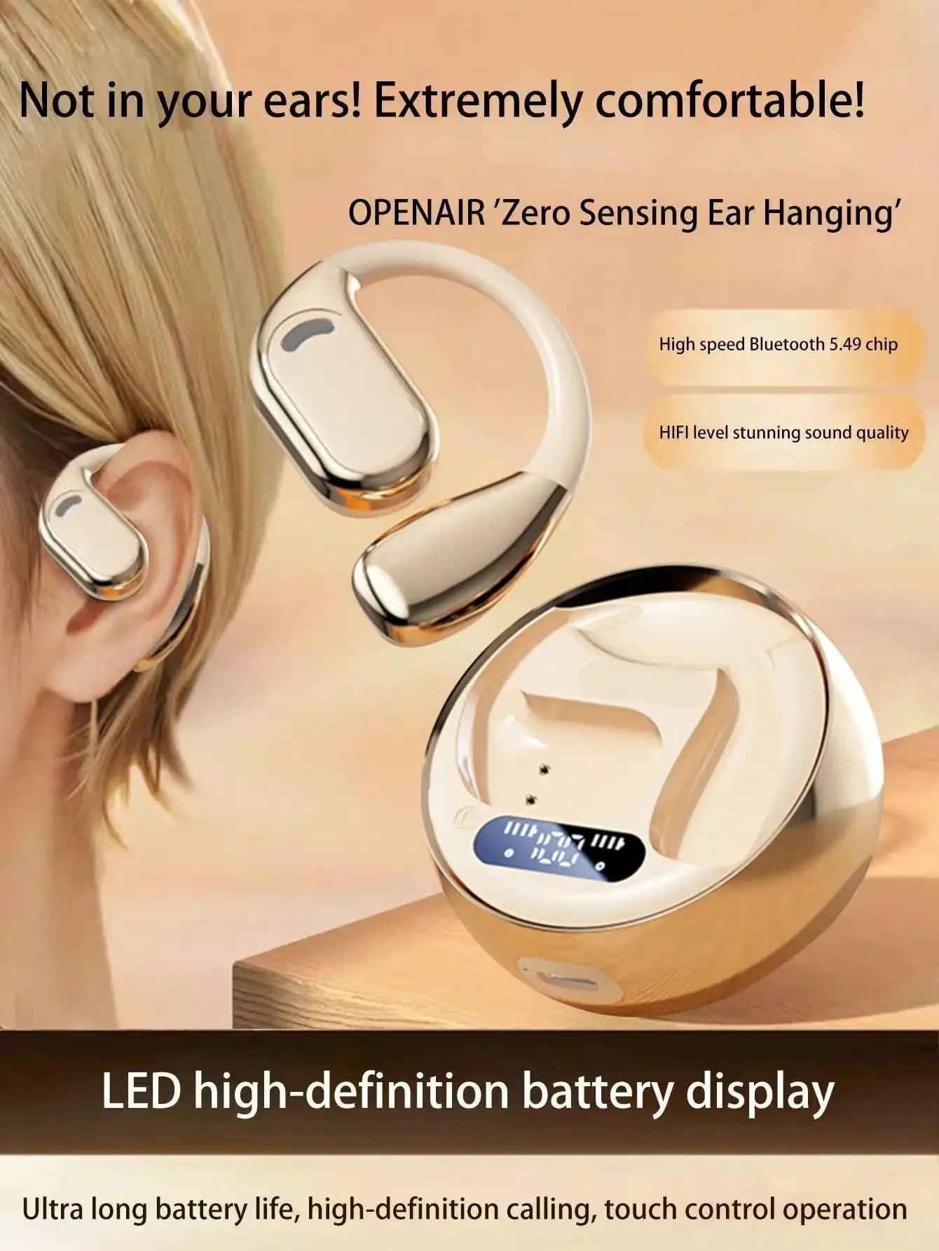 Open Ear Bluetooth 5.4 Headphones 72H Battery Life with LED Display Noise Canceling Wireless Earbuds Audífonos for Sport Running