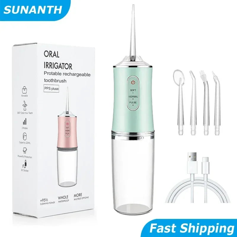 Oral Irrigator Portable Dental Water Flosser USB Rechargeable Water Jet Floss Tooth Pick 4 Jet Tip 220ml 3 Modes IPX7 1400rpm - Merit Sell