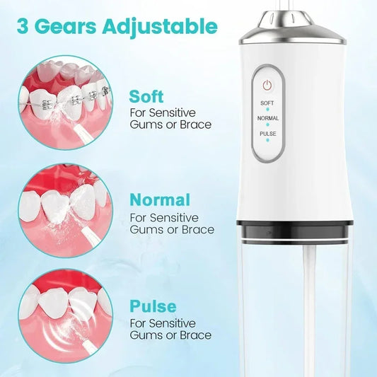 Oral Irrigator Portable Dental Water Flosser USB Rechargeable Water Jet Floss Tooth Pick 4 Jet Tip 220ml 3 Modes IPX7 1400rpm - Merit Sell